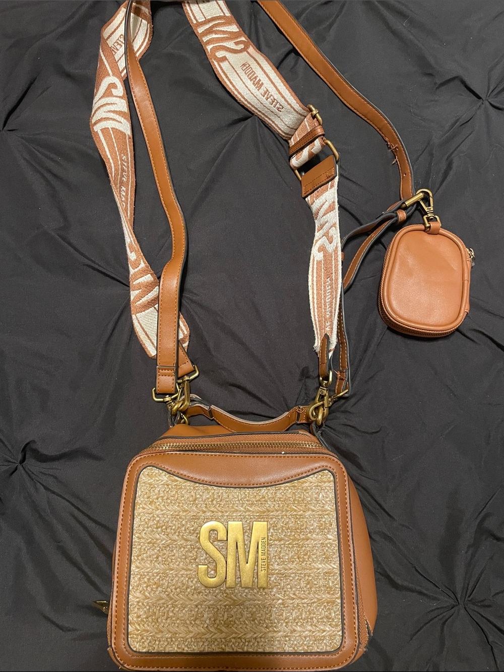 Straw-Front Brown Crossbody Bag with Gold SM Logo